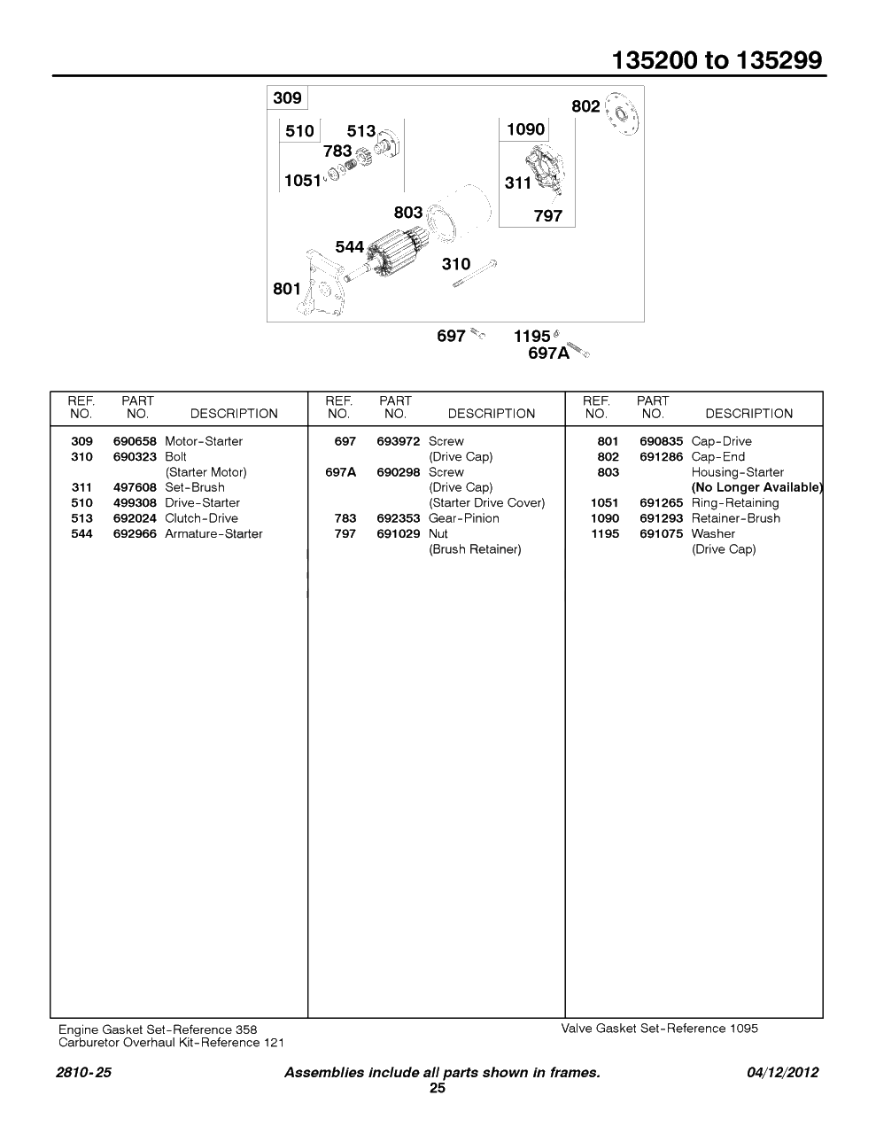 Electric Starter Diagram and Parts List for 135207-0325-XX  Briggs and Stratton Engine